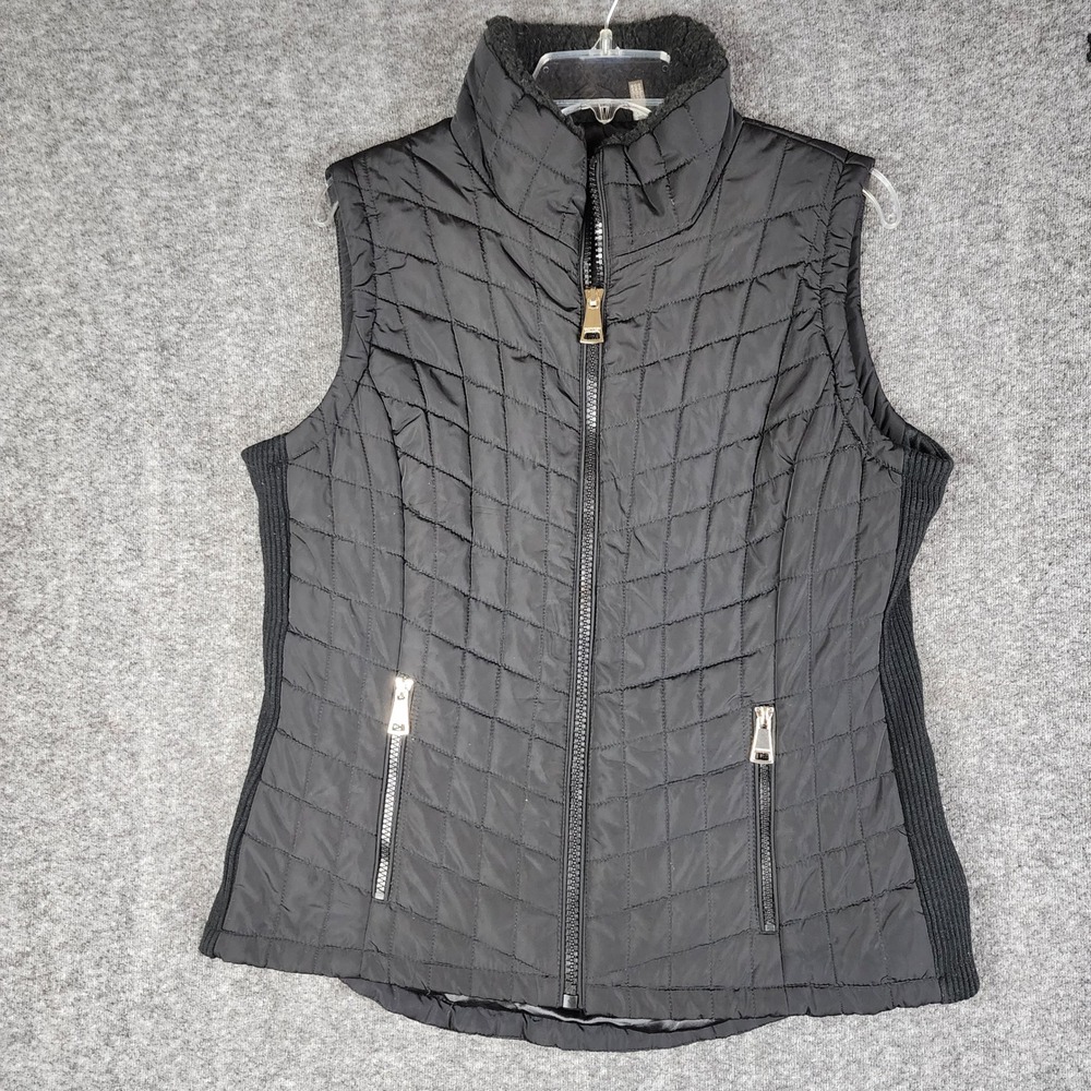Calvin Klein Quilted Vest Women Medium Black Faux Fur Trim Gold Zip Puffer